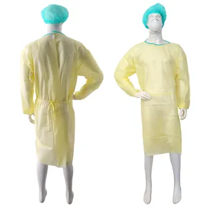 Uniforme de hospital al por mayor level2 desechable PP PE SMS no tejido amarillo batas de aislamiento con puño elástico para suministros médicos