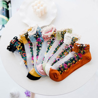 Bonne affaire broderie fleurs chaussettes dentelle transparente maille perle perles verre chaussettes Net fil mince femmes gaze