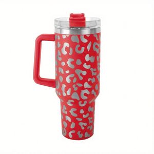 Gobelet isotherme sous vide en acier inoxydable de 40 oz, sans BPA, avec gravure laser couleur motif léopard, poignée et paille - Product Image 3