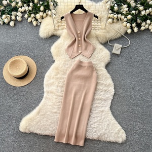 Ensembles basiques d'été pour femmes : haut sans manches et jupe longue en tricot taille haute - Product Image 4