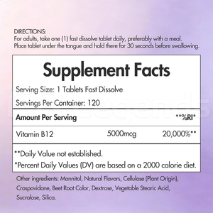 Tabletas de <span class=keywords><strong>Vitamina</strong></span> <span class=keywords><strong>B12</strong></span> de <span class=keywords><strong>5000</strong></span> <span class=keywords><strong>mcg</strong></span>, Veganas, Sin Gluten, de Sabor Natural, Sublinguales, de Disolución Rápida, OEM/ODM, 120 Unidades - Product Image 4