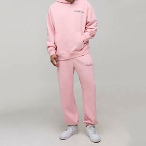 Sudadera con Capucha y Pantalones Deportivos Rosa Pálido con Logotipo Personalizado, Conjunto Deportivo de Dos Piezas para Hombre - Product Image 3