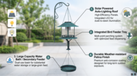 Mangeoire à oiseaux suspendue trois-en-un avec lumière solaire LED, bain pour oiseaux, plateau à graines, design gazebo, résistant aux intempéries, écologique, résistant à la rouille, pour extérieur