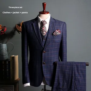 Vente en gros de costume de mariage d'affaires à <span class=keywords><strong>carreaux</strong></span> pour hommes ensemble de trois pièces Version coréenne Slim Fit Plus XL fermeture éclair bouton tissu imprimé - Product Image 1