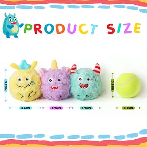 Set di 3 Giocattoli per Cani Monster Ball 2-in-1, Animali di Peluche e Giocattoli Morbidi per la Pulizia dei Denti, Colori Viola/Verde/Giallo - Product Image 2