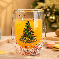 Gobelet en verre borosilicate à double paroi sans BPA de 10 oz avec impression d'arbre de Noël et couvercle – Verres isolants tendance pour café, thé, vin – Idéal comme cadeau