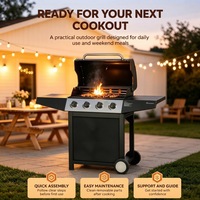Barbecue à gaz en acier inoxydable 304 pour jardin extérieur avec 4 brûleurs, support pliable et mobile pour le camping