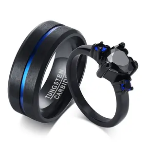 Cincin pasangan bertatahkan Zircon baja tahan karat mewah cincin pasangan cor Hati baja Tungsten biru keren Electroplating cincin pasangan pria dan wanita
