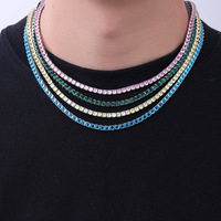 Chaîne Tennis 4 mm en Laiton Plaqué Or 14K Incrustée de Zircons Colorés, Collier Tendance Hip Hop Entièrement Sertie de Diamants, Bijou à Rangée Unique, Vente Chaude