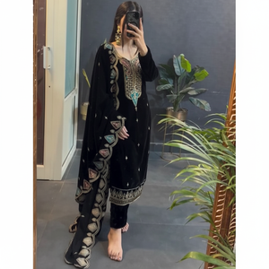 DESIGNER VISCOSE VELVET EMBROIDERY WORK TOP and BOTTOM SET with DUPATTA for WOMEN in BLACK - Product Image 2