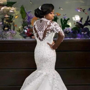 Wedding Dress Mermaid Long Sleeve High Necklace White Lace Rhinestone Cut Out Backless Natural Waistline Bride Dress - Product Image 4