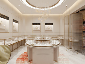 Design d'intérieur de bijouterie de luxe |   Solution de présentation de boutique avec écran incurvé, or champagne et marbre, pour l'aménagement commercial - Product Image 1
