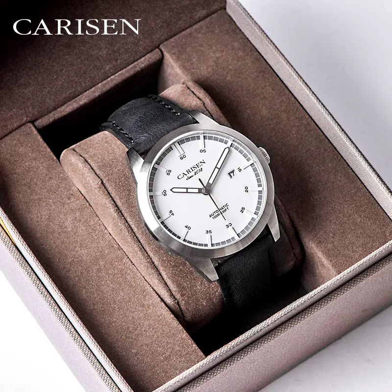 Carisen مخصص جلد طبيعي 10ATM مضيئة للماء التلقائية الميكانيكية ساعة اليد الرجال ساعات آلية