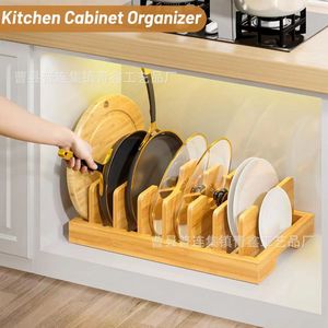 Wooden Kitchenware Storage Rack 15.3in x 8in x 4.7in With Dividers Non Slip Pots <b>Pans</b> Organizer For Countertop - Product Image 4