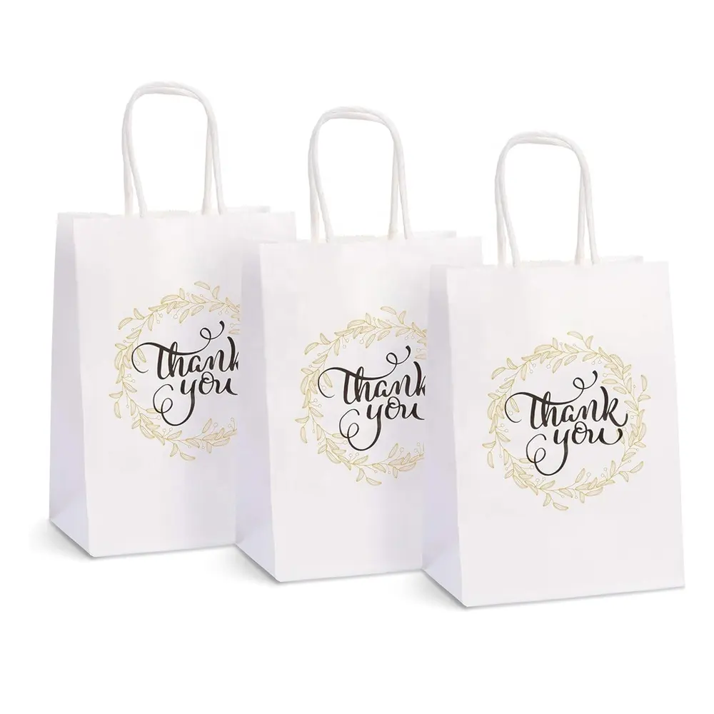 Kemasan tas kertas belanja baju pernikahan Natal Kraft putih dapat didaur ulang dengan pegangan tas hadiah terima kasih logo kustom