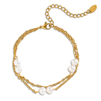 Pulsera de Perlas de Acero Chapado en Oro Duet, Dos Cadenas Finas, Seis Perlas en Pares, Cierre de Langosta Ajustable, Joyería Diaria para Mujer