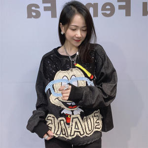 Abbigliamento <span class=keywords><strong>Donna</strong></span> Autunno Inverno Stile Europeo Americano Design di <span class=keywords><strong>Marca</strong></span> alla Moda Felpe Larghe Taglie Forti con Cappuccio e Girocollo 0439 - Product Image 1