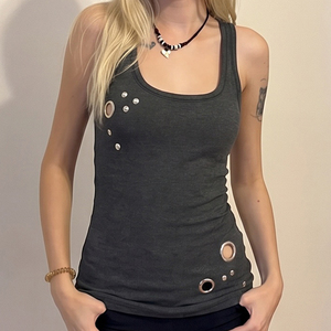 Women's Metal Ring <b>Patchwork</b> Knit Camisole Tank <b>Top</b> Sleeveless Slim Fit Y2K Street Style Casual Fashion Vest - Product Image 1