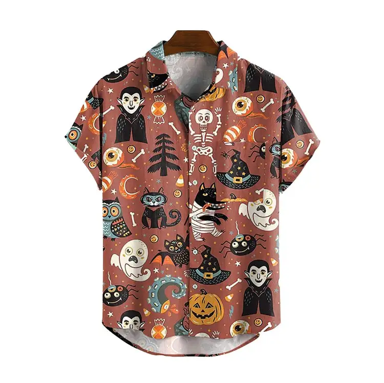 Button Hawaiian Shirt Custom Men's Halloween Hawaiian Lapel Print Casual Viscose Button Short Sleeve Shirt