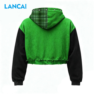 Oversized Boxy Heavyweight Rhinestones Zip Hoodie for Men Color Block Plaid Design with Acid Washed Sun Faded Streetwear - Product Image 3