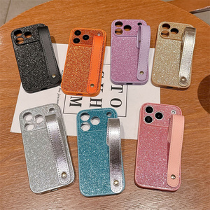 Coque de téléphone portable en cuir avec bracelet scintillant et support anneau pour iPhone 17 16 15 14 Pro Max - Product Image 1