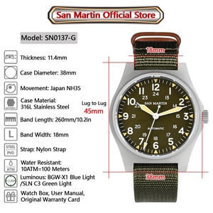 San Martin Men's Pilot <b>Watch</b> NH35 Automatic <b>Mechanical</b> Nylon Strap 38.5mm Simple Sapphire Waterproof Luminous - Product Image 6