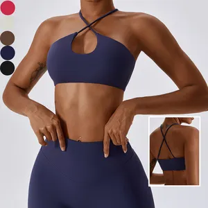 High quality Sportswear Sexy Yoga Crop Top Fashionable Pure Color Extreme Naked Feeling Cross Halter Neck Style Sports Bra