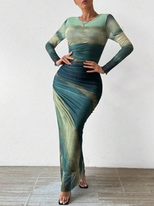 Abito Lungo in Rete Tie-Dye Sostenibile Multicolore per Donne, Elegante Vestito da Festa con Collo Tondo, Maniche Lunghe, Aderente, Decorazione Drappeggiata, Lavabile - Product Image 6