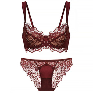 Elegant Burgundy Lace Bra and Panty <b>Set</b> with Underwire and Eyelash Trim French Style Intimates Lingerie <b>Set</b> OEM ODM - Product Image 5