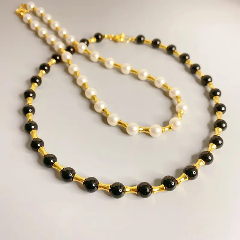 Europe and the United States new black agate pearl necklace gold light luxury high sense collarbone chain choker