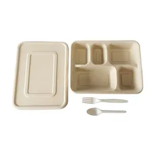 1300ml Disposable Bagasse PFAS Free Rectangular Food Container 3 4 5 compartment tray with Lid