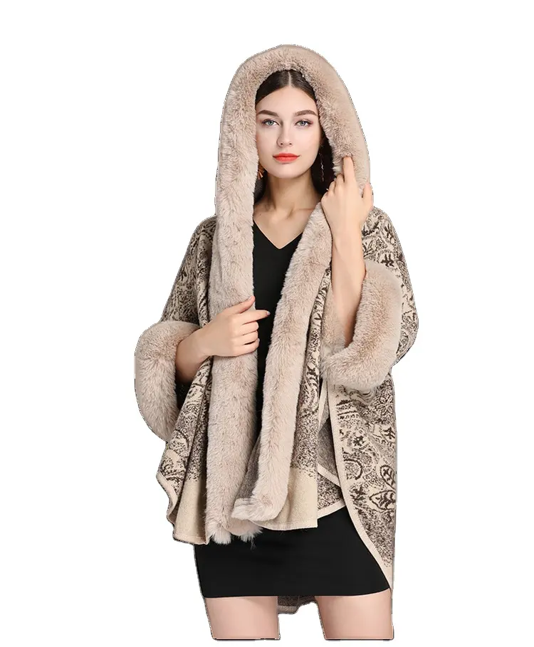 Elegant Winter Women Floral Pattern Mink Fur Hooded Shawl Warm Faux Fur Poncho