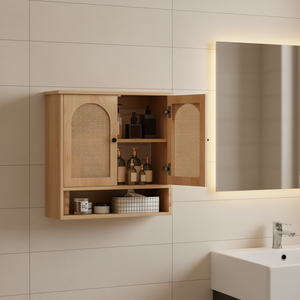 Armoire murale de salle de bain réglable en rotin PE, largeur 24 pouces, design scandinave, étagères de rangement murales - Product Image 2