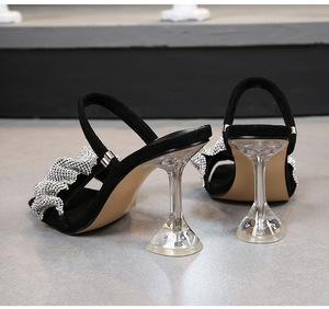 Sandales pour femmes, deux modes de portage, 34-46, talon à paillettes et strass, mules d'été à bout carré - Product Image 6