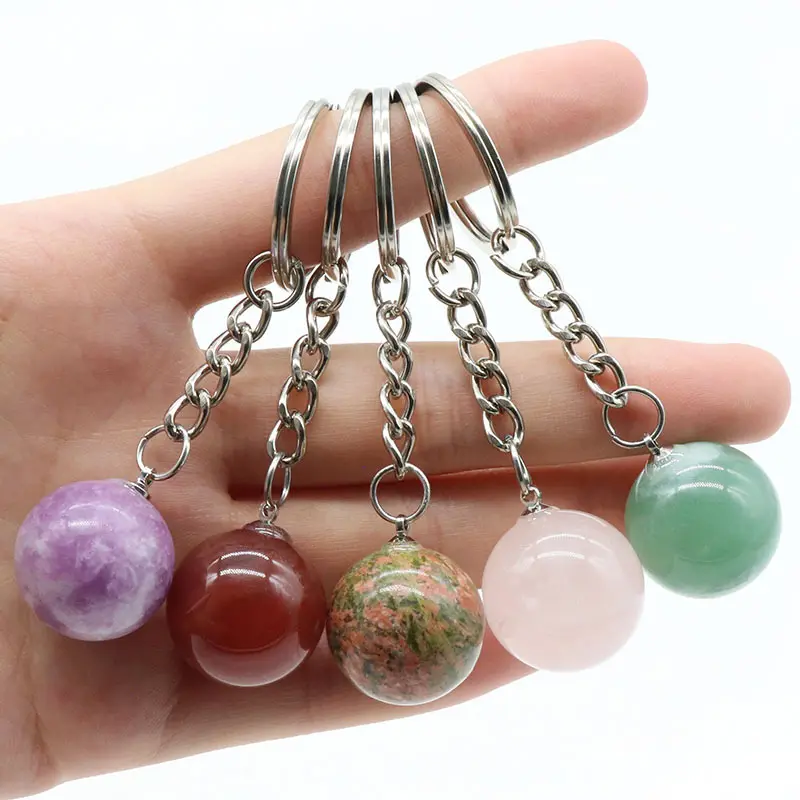 20mm perles de pierre naturelle pendentif porte-clés quartz rose cristal agate rouge oeil de tigre boule ronde porte-clés en pierre précieuse