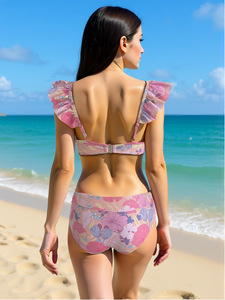 Bikini halter con estampado floral personalizado para mujer, con braga de cintura alta, cuello en V profundo, traje de baño de 2 piezas con control de abdomen. - Product Image 2