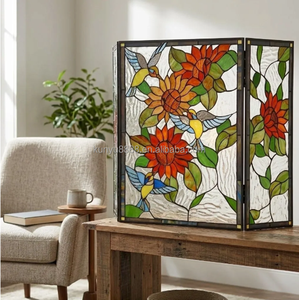 Stained Glass Fireplace <b>Screen</b> 3 Panels Sunflower Design Traditional Decor Cathedral Shape Living Room Artistic Decoration - Product Image 2