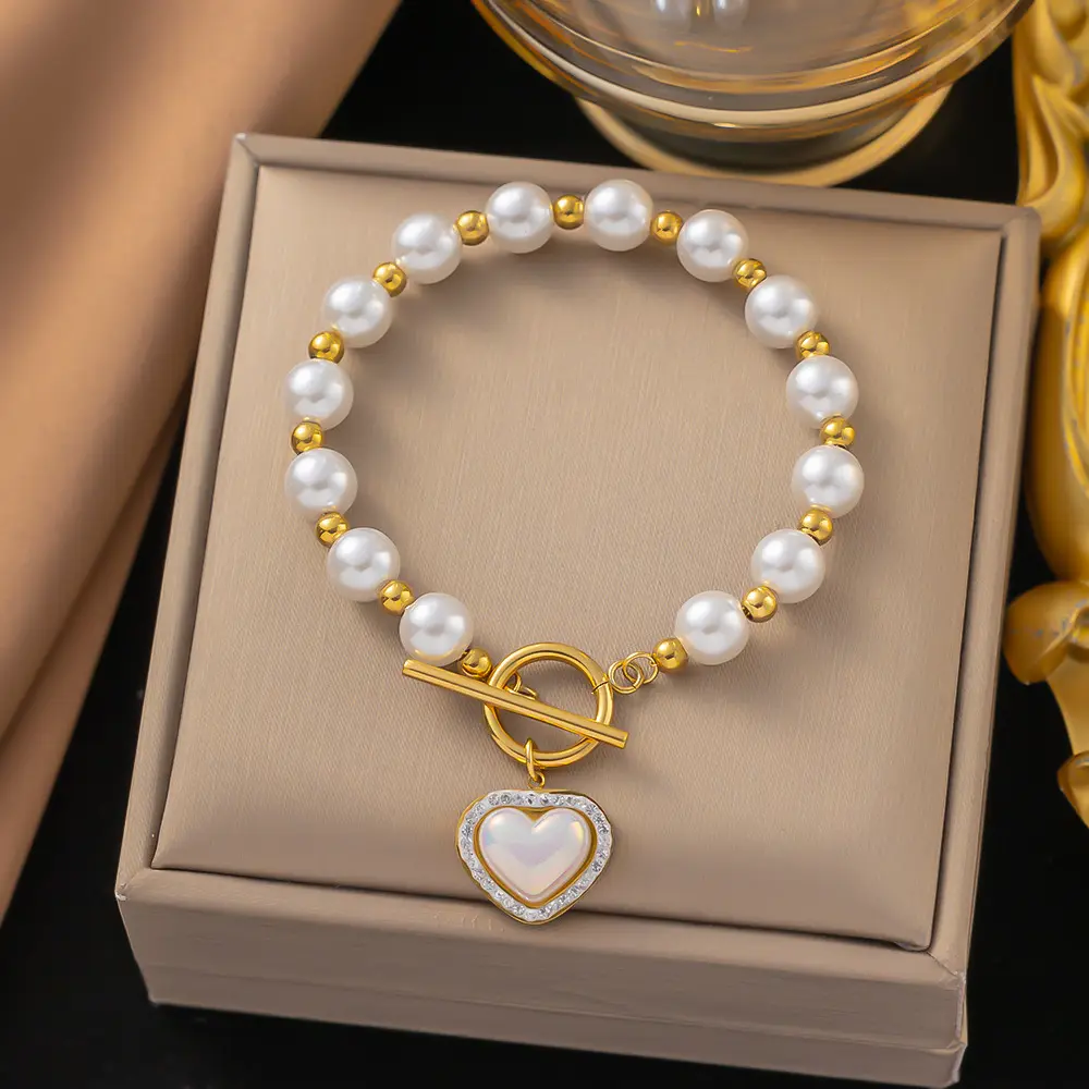 Luxus 18k Gold plattiert Barock Perlenherz Anhänger Halskette kubanische Kette Toggle Clamp Perlenkette Armband Schmuck
