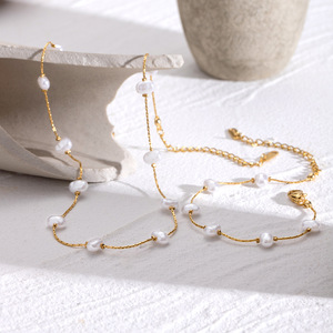 Stainless Steel 18k Gold Pearl Necklace And <b>Bracelet</b> <b>Set</b> Minimalist Baroque Style Fashion Jewelry Gift For Women - Product Image 3