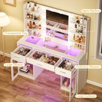 Mesa de Maquillaje con Espejo y Luces, Superficie Transparente con 3 Cajones RGB, 6 Estantes, 2 Gabinetes y Enchufe
