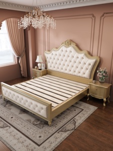 Cama de Princesa de Estilo Francés de Lujo, Cama Doble Tapizada de Madera Maciza Tallada, Cabecera Acolchada, Cama King/Queen Size para Recámara Principal - Product Image 3