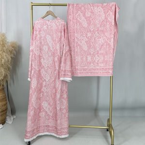 Pink Printed Open Abaya Kimono With Fringe Trim Matching Hijab Set Dubai Modest Muslim Women Robe Ramadan Eid <b>Islamic</b> <b>Clothing</b> - Product Image 4