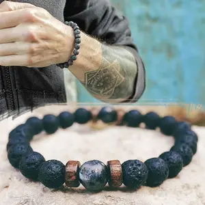 Pulseira em pedra natural masculino bracciale regolabile con perline da uomo braccialetti con perline in pietra lavica vulcanica nera naturale reale