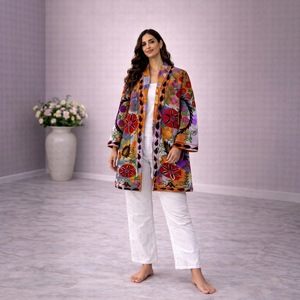 Chaqueta Larga de Terciopelo Suzani Bordada a Mano para Mujer, Estilo Boho Chic, Patrón Floral Colorido, Manga Larga, Estilo Étnico, Ropa de Abrigo de Invierno - Product Image 1