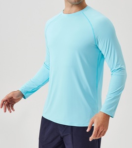 T-shirt de sport pour homme, bleu clair, manches longues, séchage rapide, coupe ajustée, col rond, tricoté, couleur unie - Product Image 4