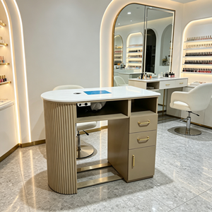 Table de manucure double poste avec aspirateur de poussière, plateau en pierre blanche, panneau cannelé, pour salon de beauté et spa des ongles - Product Image 5