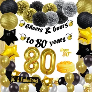 80th Anniversary Decorations Gold and Black Birthday supplies Cheers to 80 Years Banner 80th Birthday Decorations