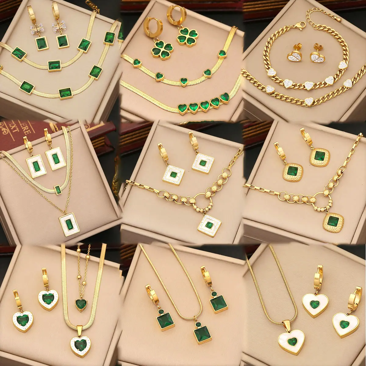 Conjunto de joias femininas em aço inoxidável 18K ouro esmeralda zircão trevo pingente em camadas coração colar brincos pulseira conjunto para presente
