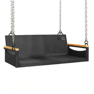 Banc balançoire en bois d'acacia massif, cadre en acier thermolaqué noir avec rotin synthétique, mobilier d'extérieur pour patio, 2 places - Product Image 1