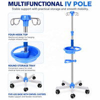 Support de perfusion mobile réglable en acier inoxydable avec 4 crochets, plateau de rangement et base à cinq roulettes pour hôpital